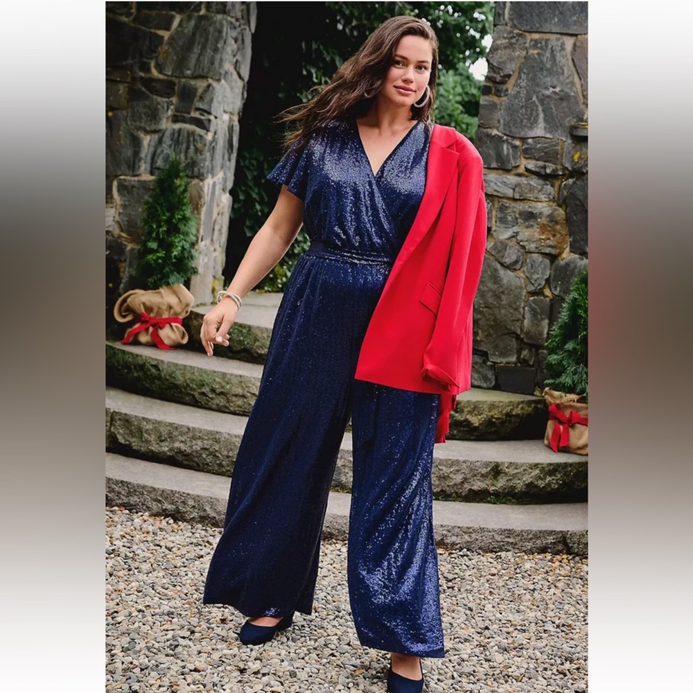 Lane Bryant Navy Sequin Flutter-Sleeve Wide Leg Jumpsuit Women’s Plus 18/20 NWT - Picture 4 of 6